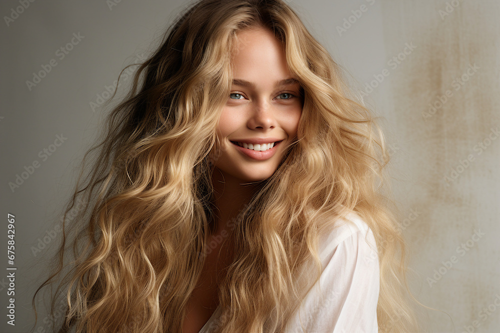 Generative AI portrait illustration of attractive young model woman after salon hairstyle coloring brilliant blond Generative AI portrait illustration of attractive young model woman after salon hairstyle coloring brilliant blond