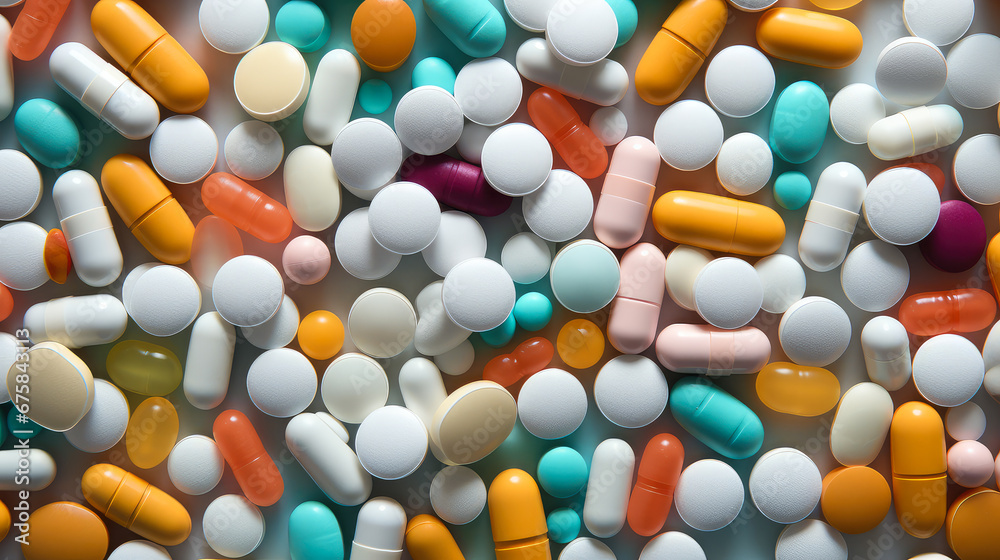 Colorful pills and capsules. Top view. Healthcare and Pharmaceuticals concept. Colorful pills and capsules. Top view. Healthcare and Pharmaceuticals concept.