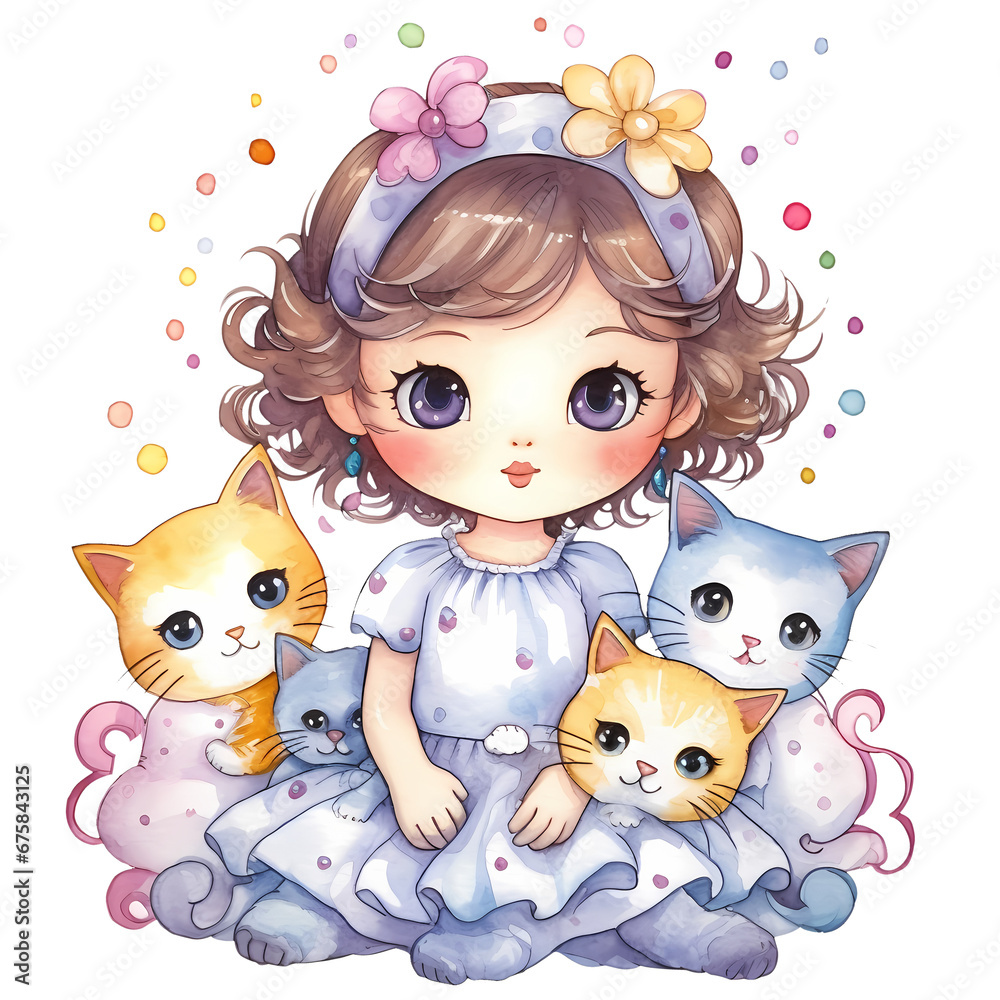 Cute Little Baby Girl And Cats Watercolor Clipart Illustration Cute Little Baby Girl And Cats Watercolor Clipart Illustration