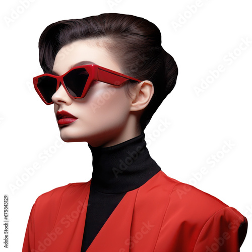 model in stylish red outfit and accessories on isolated background
