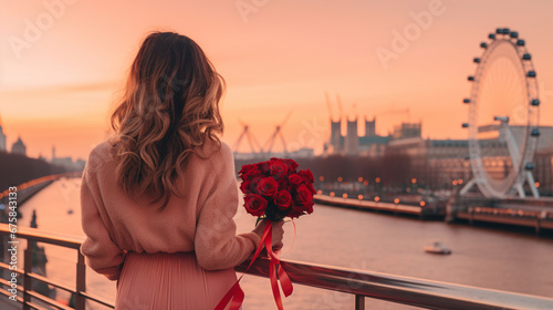 Valentine theme with the girl looking at the river and blur London eye background. Created using generative AI.