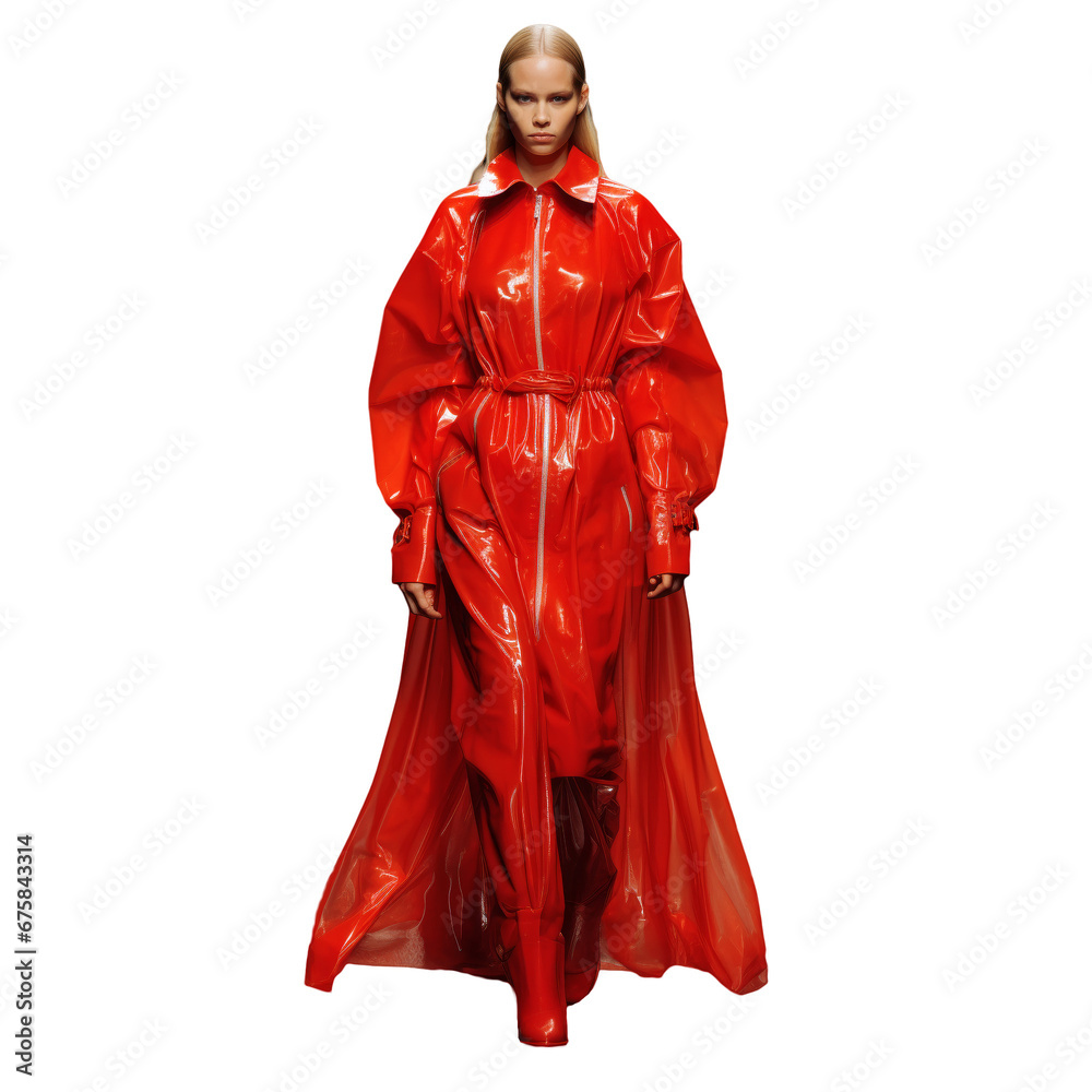 model in stylish red outfit on isolated background run away fashion show