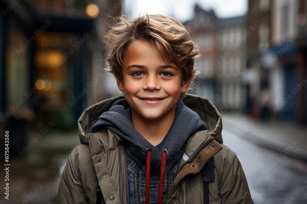 Portrait of a cute smiling boy with blond hair in a coat on the street.