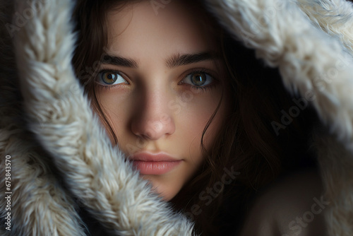 Generative AI closeup portrait comfort content concept young person wrapped in warm laundry blanket