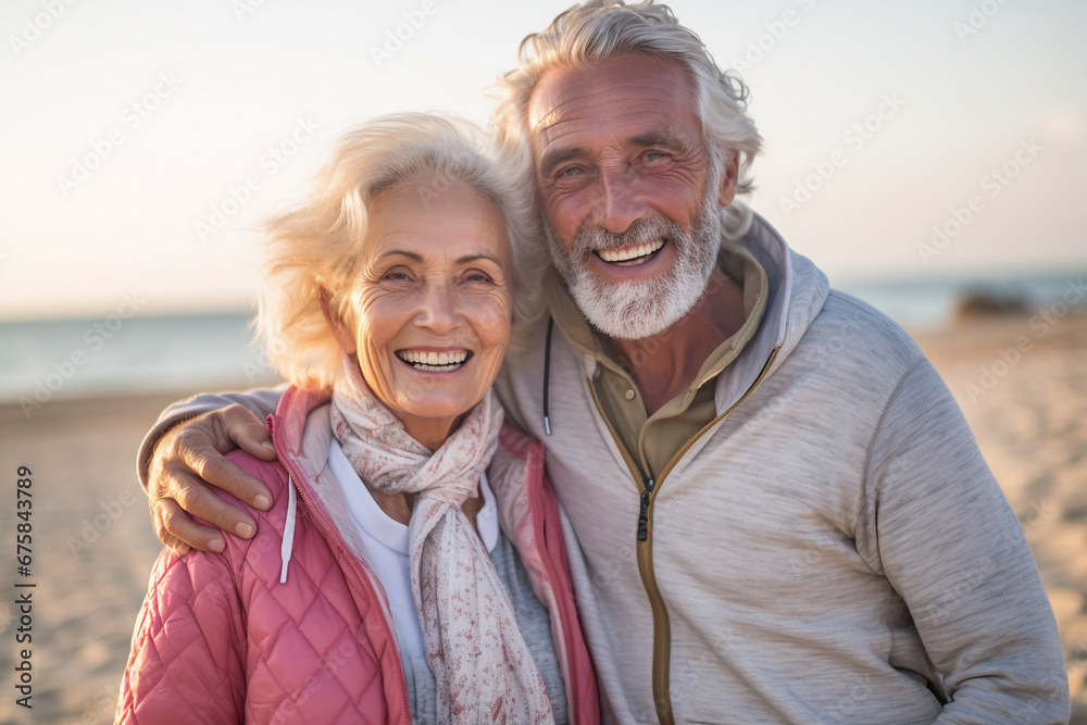 Happy and Beautiful Elderly Couple Hugging on the Beach