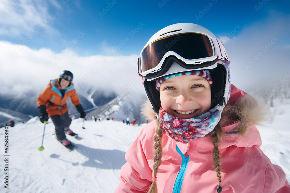 Generative AI Young people sports fans snowboarding climbing up down mountain resort christmas time