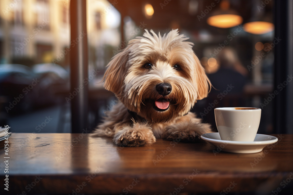 Generative AI portrait image of funny pet animal doggy kitty licking fresh milk in modern cafe - obrazy, fototapety, plakaty 