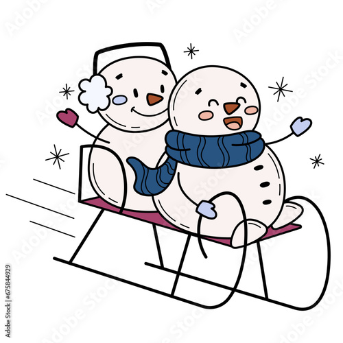Cute happy snowmen on sleigh. Winter handdrawn illustration. Holiday activities. Cartoon characters for Christmas and New year seasonal design.
