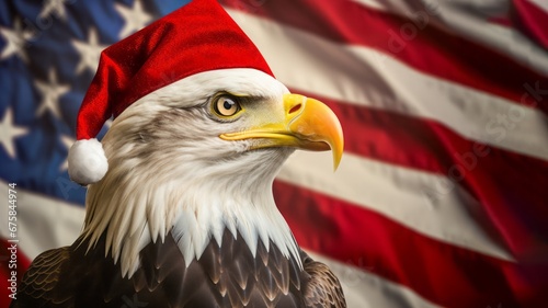 A close-up of an eagle with a Santa hat on its head. The flag of the United States of America in the background.