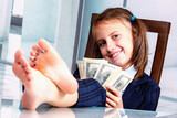 Portrait of happy young girl counts money profit.