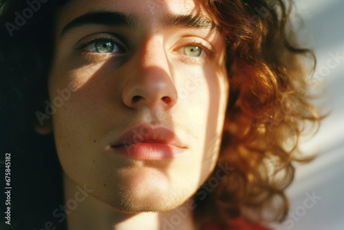 Primer plano de chico transexual mirando a la cámara con mirada y actitud empoderado. Diversidad de género. 