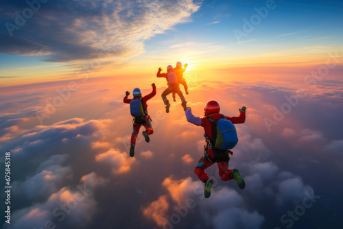 Cloudsurfing at Sunset: Skydiving Team's Triumph © AIproduction