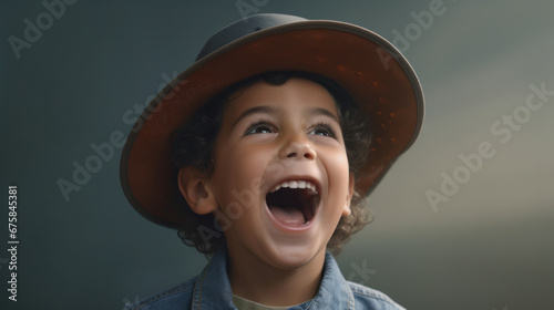 Joy Unleashed: Boy with Hat Caught in a Burst of Laughter and Excitement Against a Gray Background.