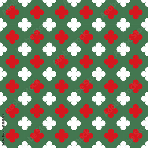 Red and white flower pattern on green background, repeat and seamless, for Christmas.