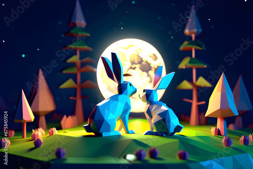 Two cute rabbits under the full moon. Generative AI