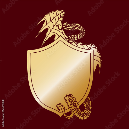 Coat of arms with a dragon in gold. Heraldry. Order of knighthood. Gold emblem on a red background. Clan of the dragon.