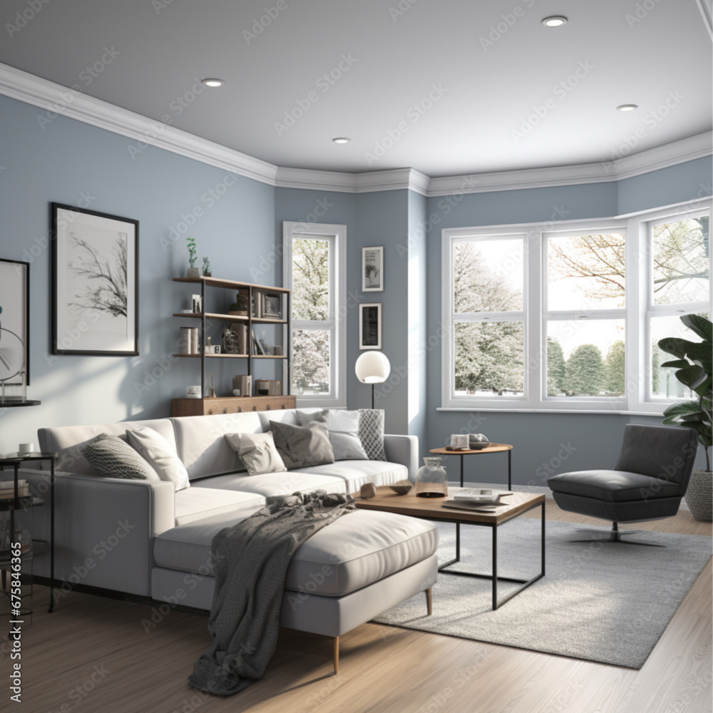 Fototapeta premium a living room with muted blue walls, gray wood panel floors, viewed from the 1st person perspective with 3 walls in frame, the right wall contains two windows with curtains,and a fireplace