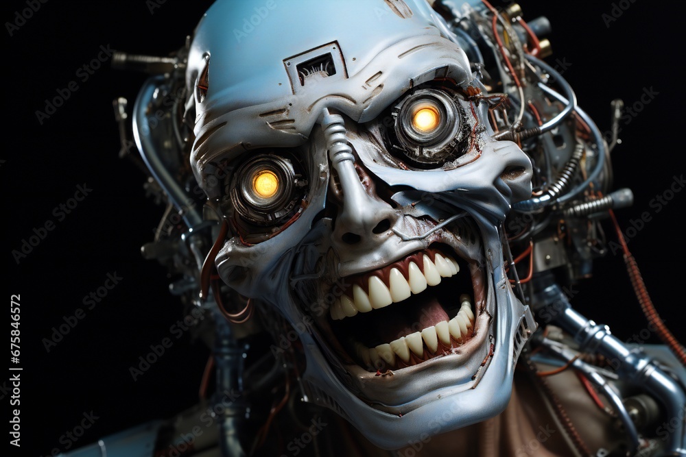 Funny and scary laughing cyborg, with empty copy space Generative AI Funny and scary laughing cyborg, with empty copy space Generative AI