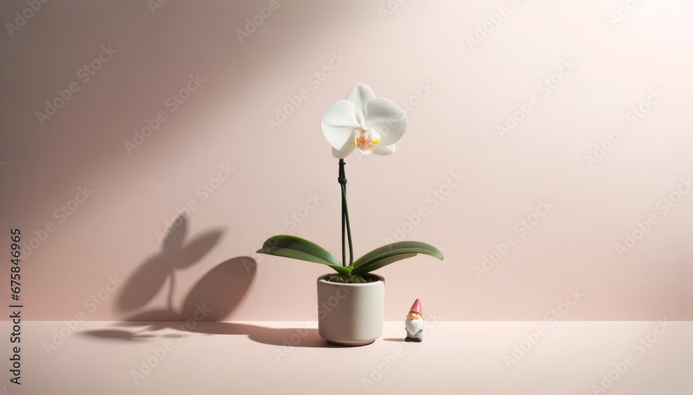 A miniature gnome stands next to a towering white orchid in a pastel-lit room A miniature gnome stands next to a towering white orchid in a pastel-lit room