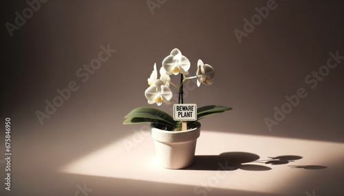 A whimsical scene with a robot holding a 'beware plant' sign next to a white orchid