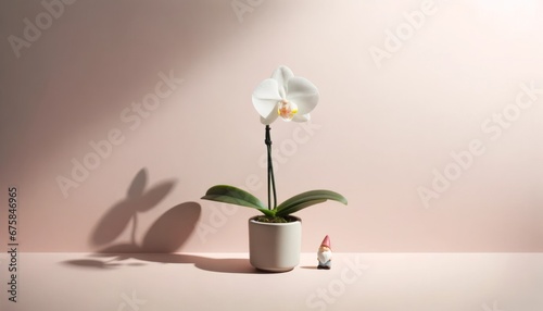 A miniature gnome stands next to a towering white orchid in a pastel-lit room