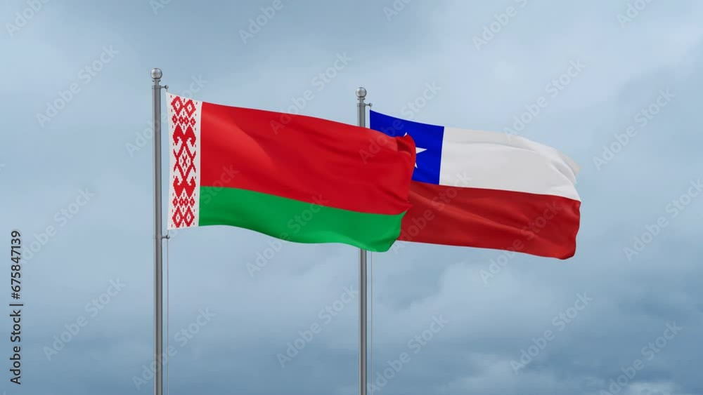Chile flag and Belarus flag waving together on cloudy sky, endless seamless loop, two country relations concept