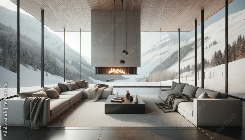 Chic modern living area with minimalist sofas, distinctive artwork, and breathtaking views of snowy mountains Chic modern living area with minimalist sofas, distinctive artwork, and breathtaking views of snowy mountains
