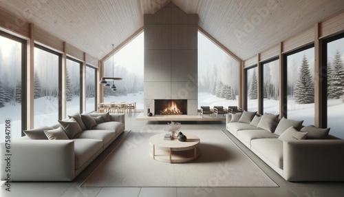 Open-plan living space with elegant sofas  a center table  and a captivating snowy mountain backdrop