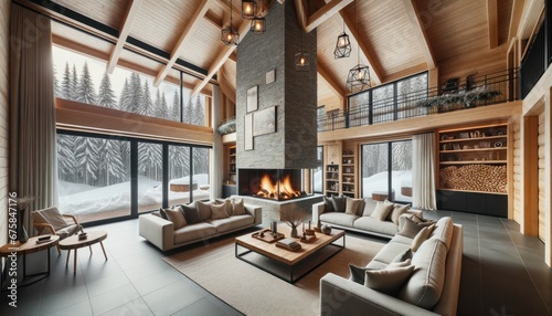 Spacious and luxurious wooden lodge living room with a cozy fireplace and stunning snowy landscape outside