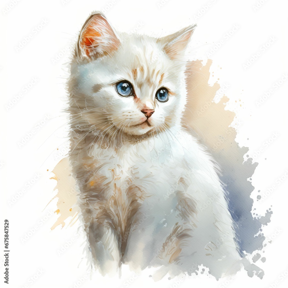 AI generated illustration of a watercolor white cat with blue eyes on ...