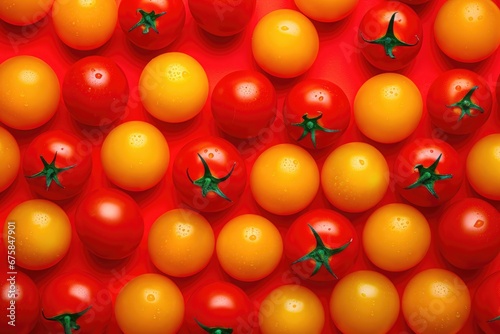Delicious cherry tomatoes with green roots on bright red background. Lot of red and yellow organic tomatoes with water drops. Summer tray market agriculture farm full of organic vegetables © ratatosk