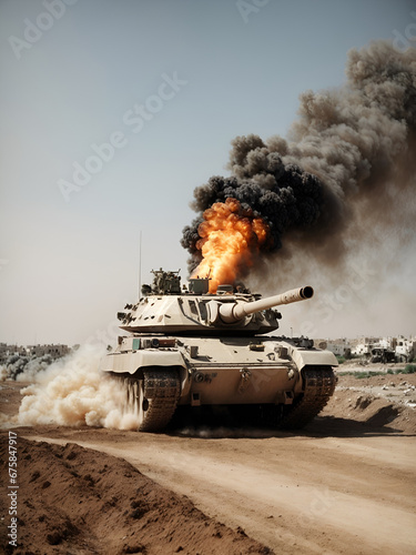 steel tank destroyed by missile, generated by AI.