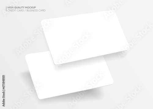 Close up two white blank business cards or credit card mockup on bright background vector EPS10