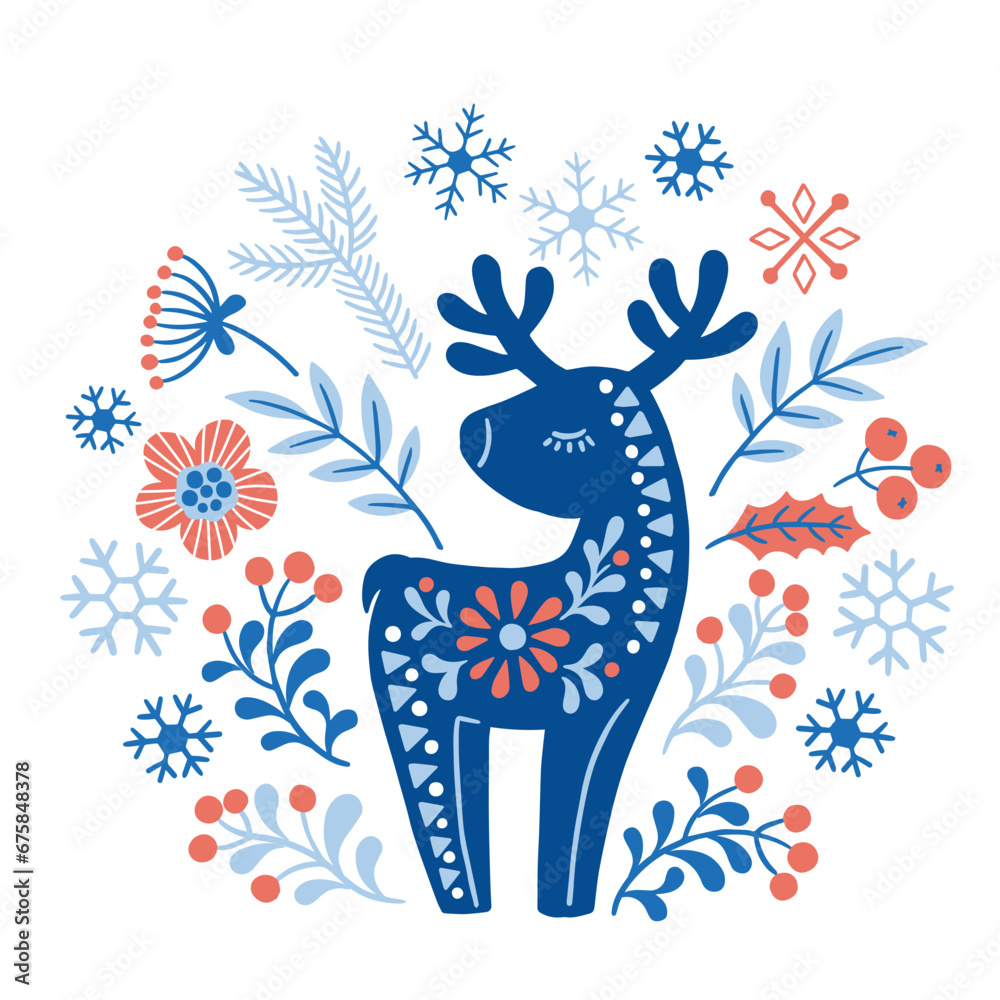 Vector hand drawn illustration of animals in Nordic style hygge. Silhouette of a deer in a floral pattern in a folk Scandinavian style - obrazy, fototapety, plakaty 