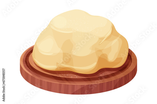 Dough on wooden cutted board with flour in cartoon style. Sourdough ball, fermentation, bread prepare.