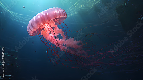 Jellyfish swim under blue water © Taisiia