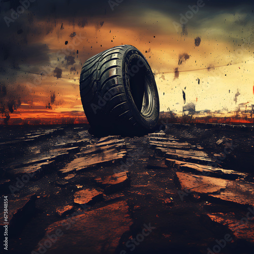 A tire is rolling through a muddy terrain. Grunge off-road background. 
