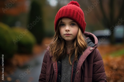 Portrait of a cute little girl in a red hat and coat.