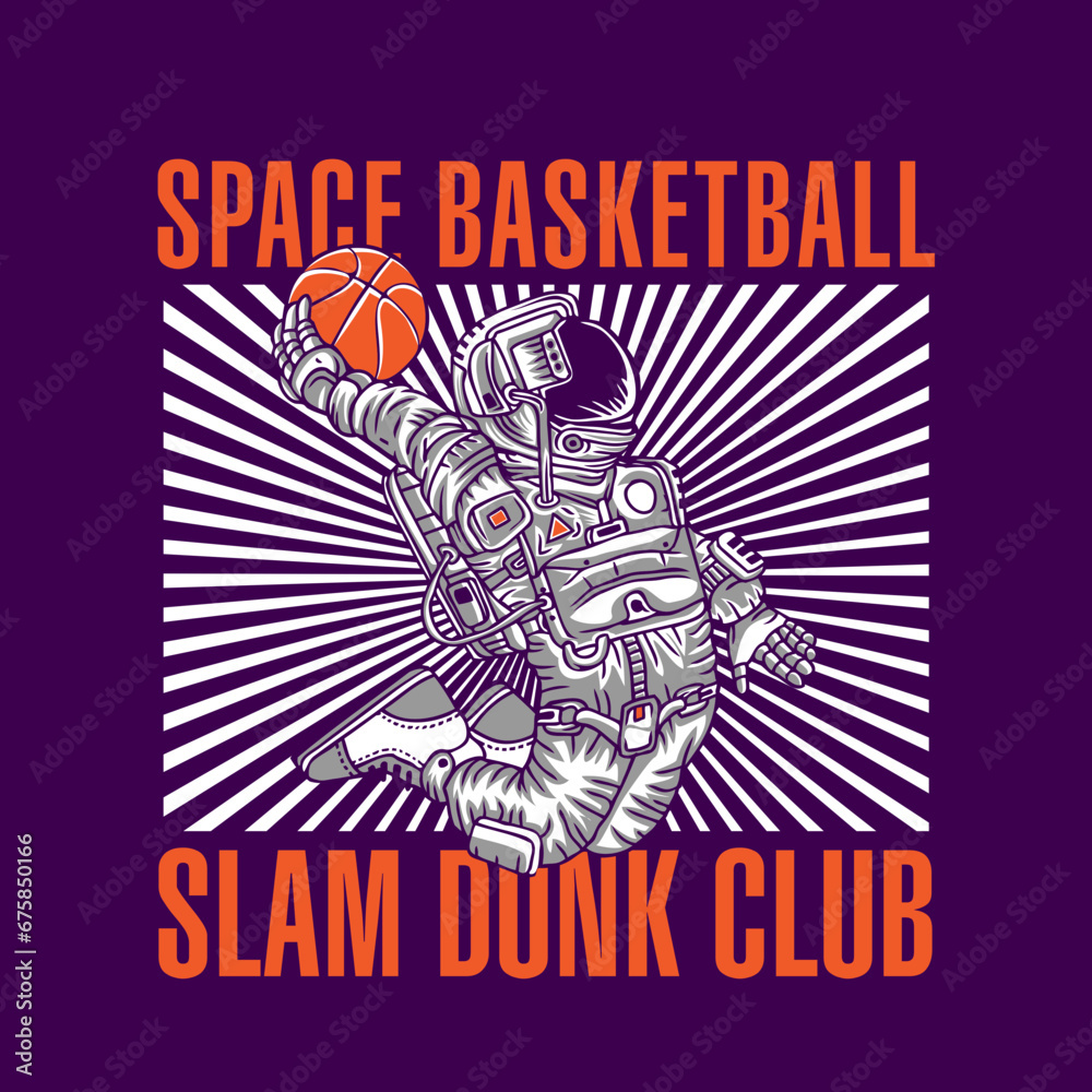 Astronaut Basket Ball in Space Hand Drawing Vector Illustration Slam Dunk Club Design