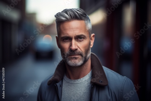 Portrait of a handsome mature man with grey hair and beard. Men's beauty, fashion.