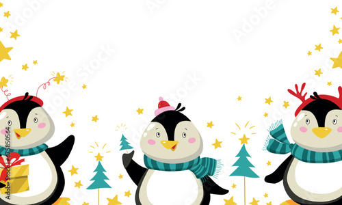 Christmas card with penguin flat. Cute animals on the white background with stars. New Years card. Vector illustration.