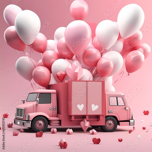 illustration 3d rendering valentine background truck full of heart shape balloons with gift boxes, valentines day concept. generative ai © munja02