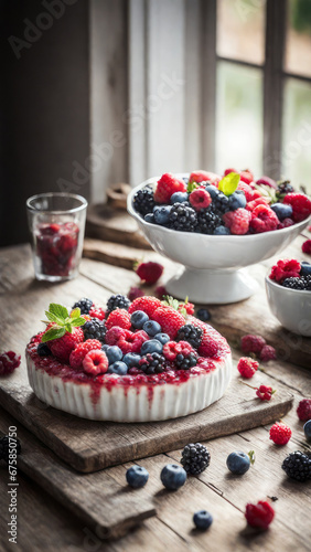Fresh homemade fruit seasonal tart with strawberries and blueberries. Placed on plate on a wooden table next the window, delicious to eat, round by fruits. Selected and decorated with various types.