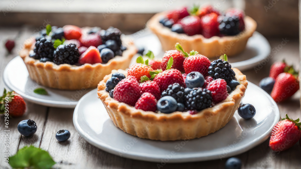 Fresh homemade fruit seasonal tart with strawberries and blueberries. Placed on plate on a wooden table next the window, delicious to eat, round by fruits. Selected and decorated with various types. Fresh homemade fruit seasonal tart with strawberries and blueberries. Placed on plate on a wooden table next the window, delicious to eat, round by fruits. Selected and decorated with various types.