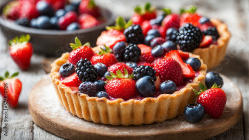 Fresh homemade fruit seasonal tart with strawberries and blueberries. Placed on plate on a wooden table next the window, delicious to eat, round by fruits. Selected and decorated with various types.