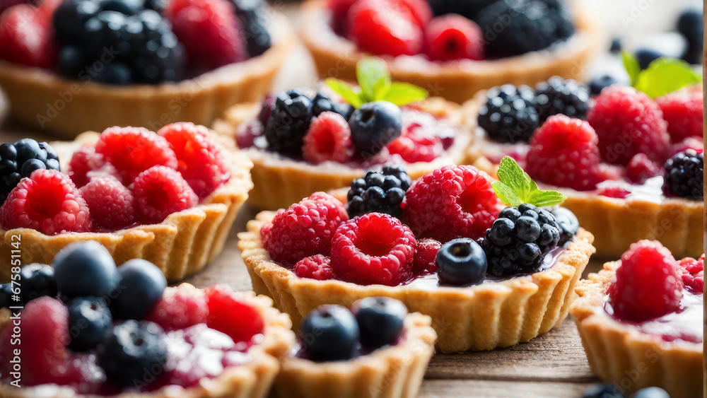 Fresh homemade fruit seasonal tart with strawberries and blueberries. Placed on plate on a wooden table next the window, delicious to eat, round by fruits. Selected and decorated with various types. Fresh homemade fruit seasonal tart with strawberries and blueberries. Placed on plate on a wooden table next the window, delicious to eat, round by fruits. Selected and decorated with various types.