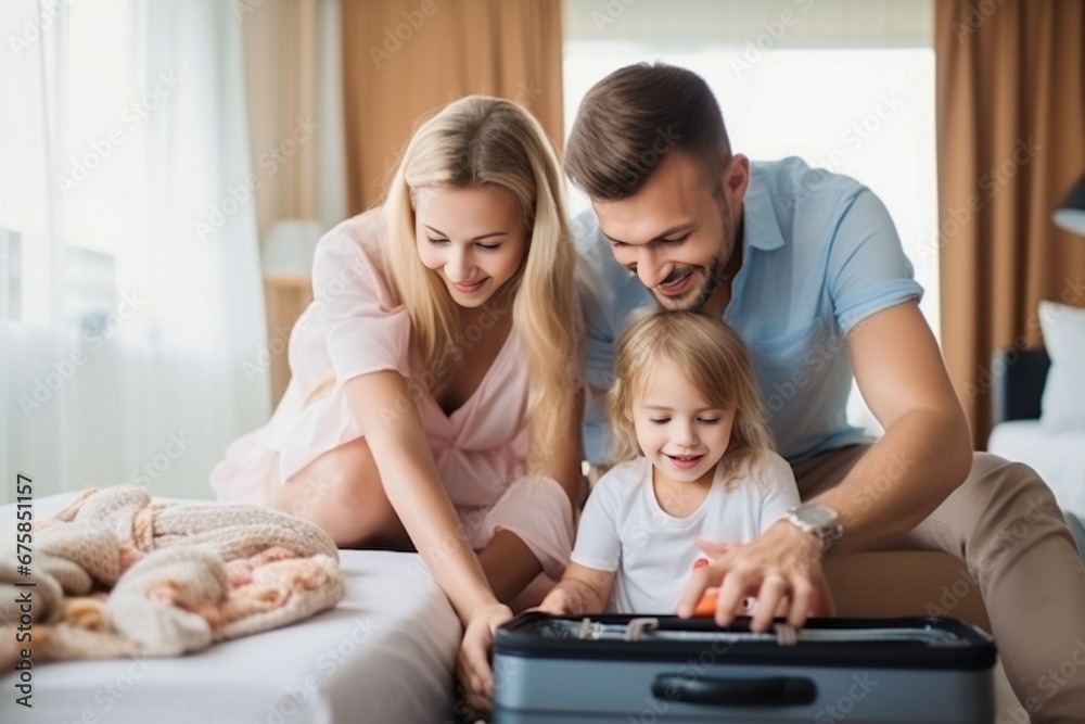 Young American family preparing luggage suitcases in hotel for travel vacation