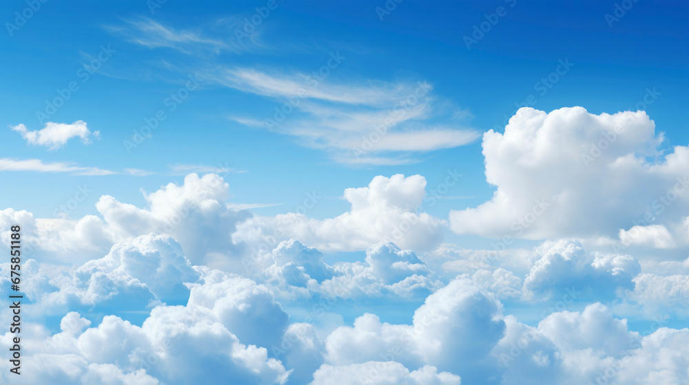 Closeup of cloudy sky with white clouds in blue heaven - obrazy, fototapety, plakaty 