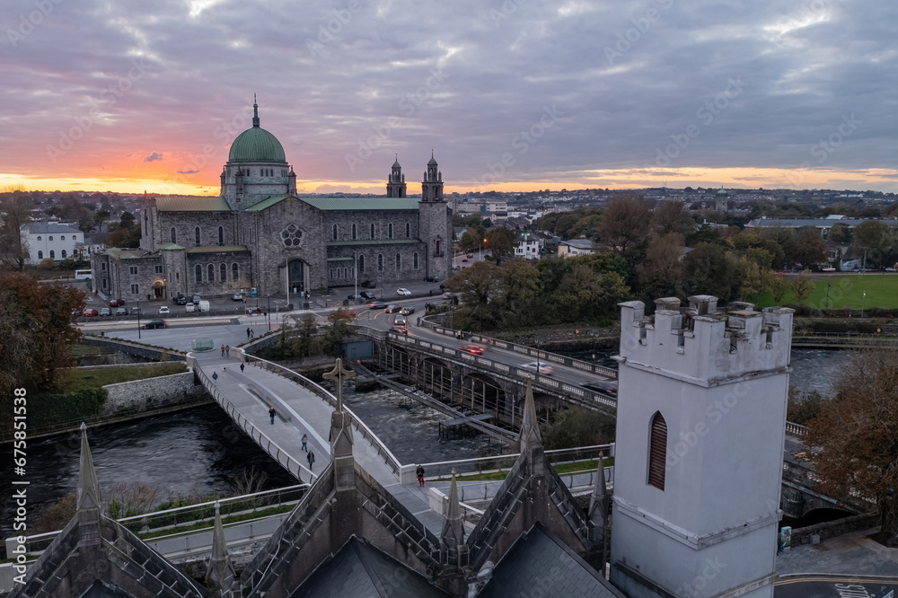 Beautiful sunset over Galway City centre featuring the Galway Cathedral in the background