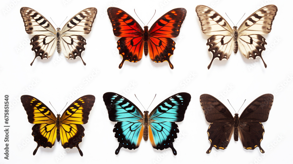 Closeup of different colored butterflies isolated on white background Closeup of different colored butterflies isolated on white background